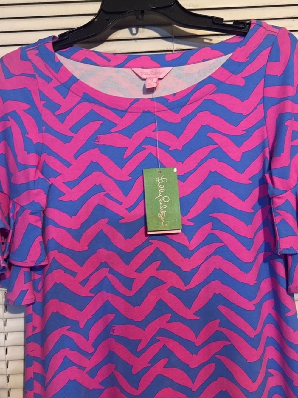 Lilly Pulitzer Pink & Blue Zigzag Ruffle Sleeve Midi Dress